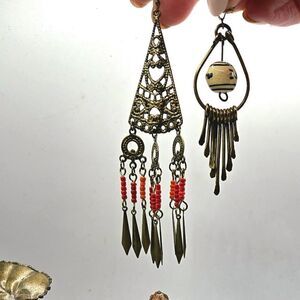 "5/$40" Vintage Brasstone Mismatched Boho Long Beaded Dangle Earrings